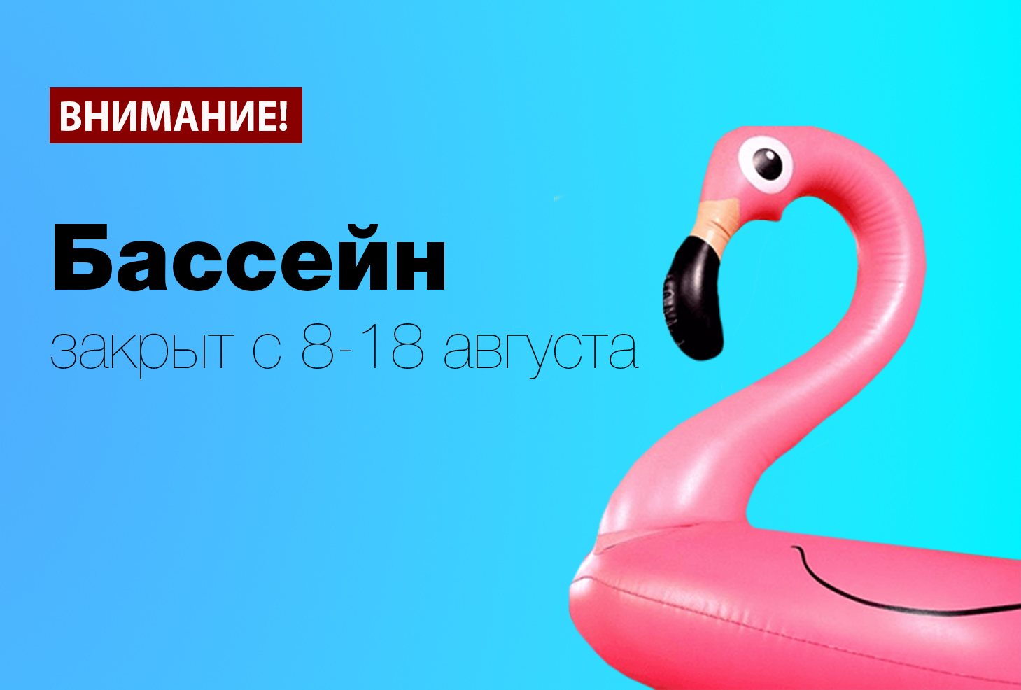 В период с 8 по 18 августа наш бассейн будет закрыт из-за профилактических работ в связи с ежегодным отключением воды.